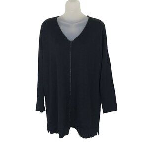 Eileen Fisher 98% Merino Wool Black  V- neck Oversized Sweater  Size XXS